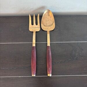 Vintage Brass and Rosewood Salad Serving Set | Spoon and Fork | MCM